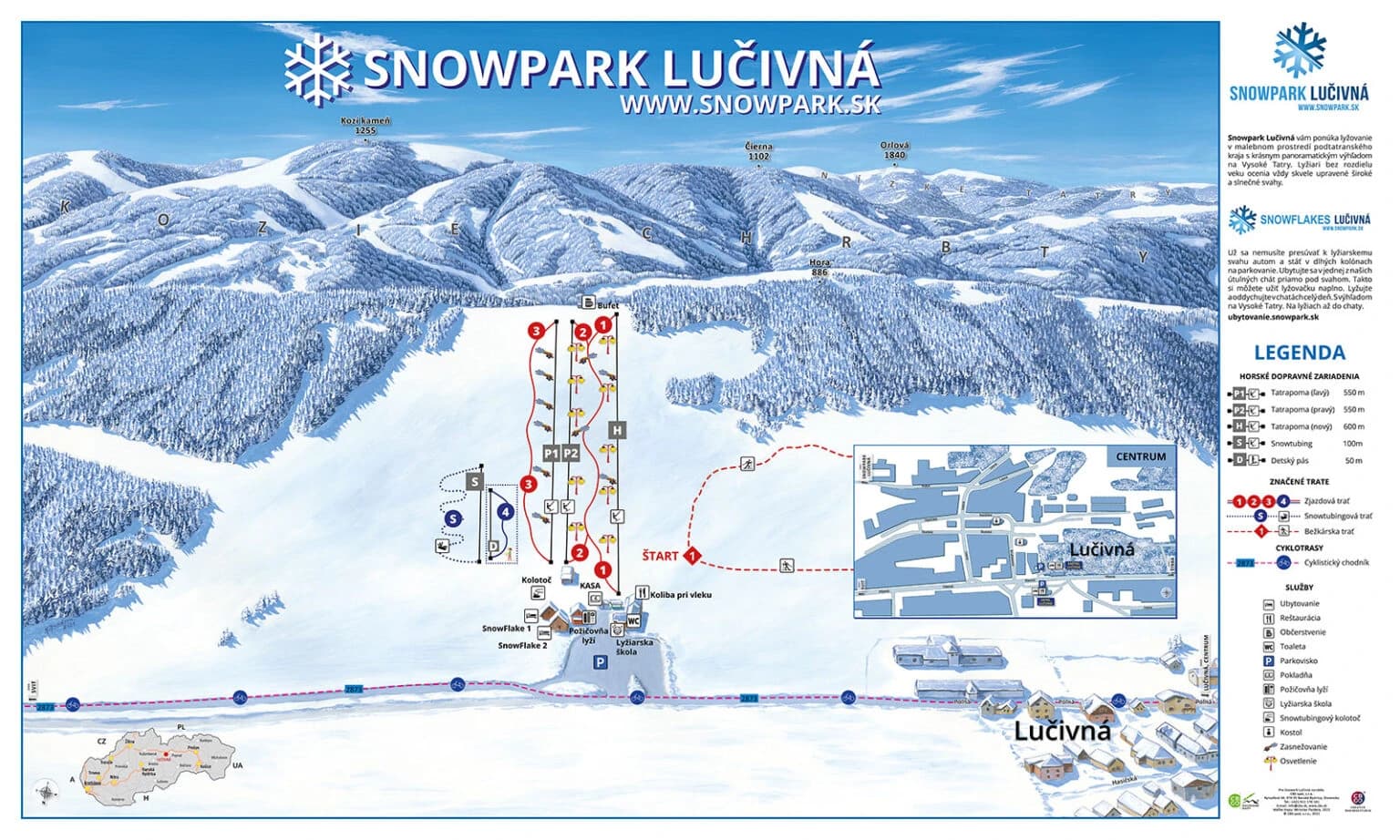 Mapa strediska Snowpark Lučivná so zjazdovými traťami, vlekmi, detským pásom, snowtubingom a polohou lyžiarskej školy pri dolnej stanici